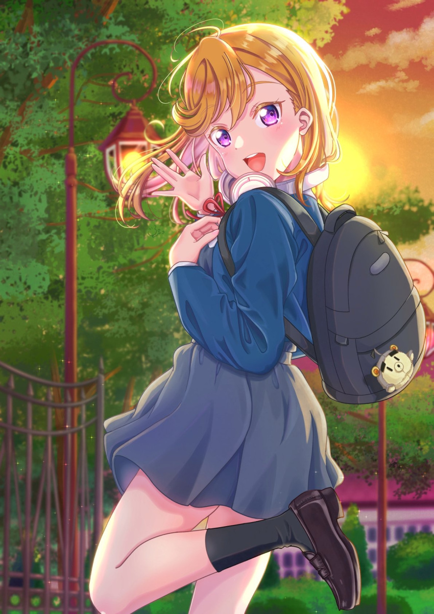 1girl, :d, animal_charm, backpack, bag, black_bag, black_socks, blazer