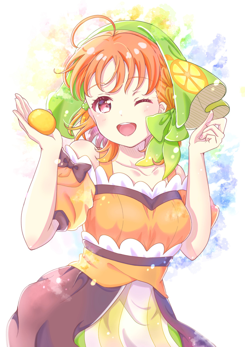 1girl, ;d, ahoge, blue_background, bow, braid, breasts, chika_(genjitsu_no_yohane)