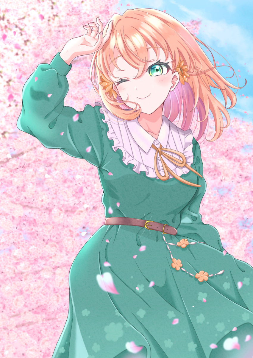 1girl, ;), arm_up, belt, blush, breasts, brown_belt, cherry_blossoms