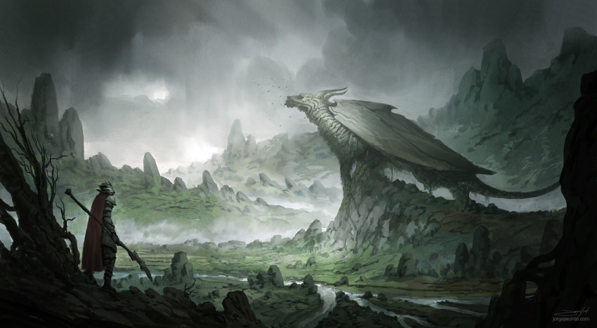 1other, ambiguous_gender, armor, bare_tree, cape, clouds, cloudy_sky, dragon, fantasy, field, fog, full_armor, giant, giant_monster, grey_sky, helm, helmet, holding, holding_polearm, holding_weapon, horns, jjcanvas, landscape, mountainous_horizon, original, outdoors, pauldrons, petrification, polearm, red_cape, river, scenery, shoulder_armor, signature, simple_bird, sky, spear, standing, tree, weapon, web_address, wide_shot, wings