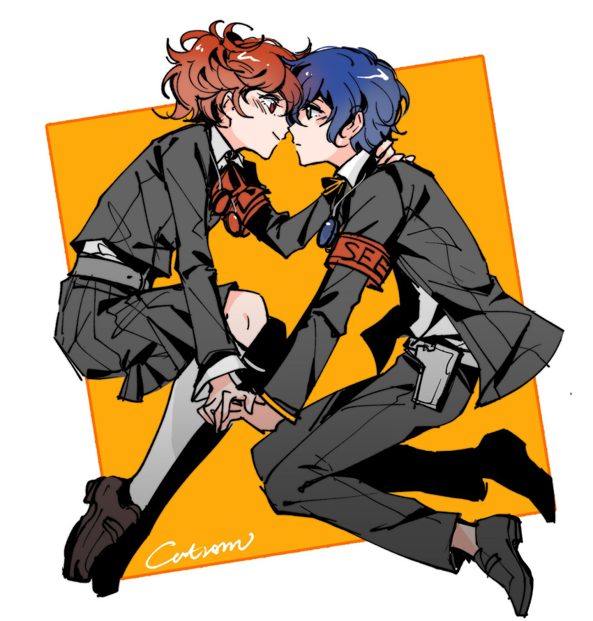 1boy, 1girl, armband, black_footwear, black_jacket, black_pants, black_skirt, blue_eyes