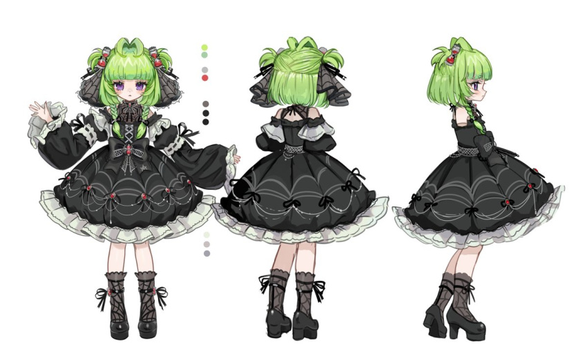 1girl, antenna_hair, black_bow, black_dress, black_footwear, bow, braid, bugbugh