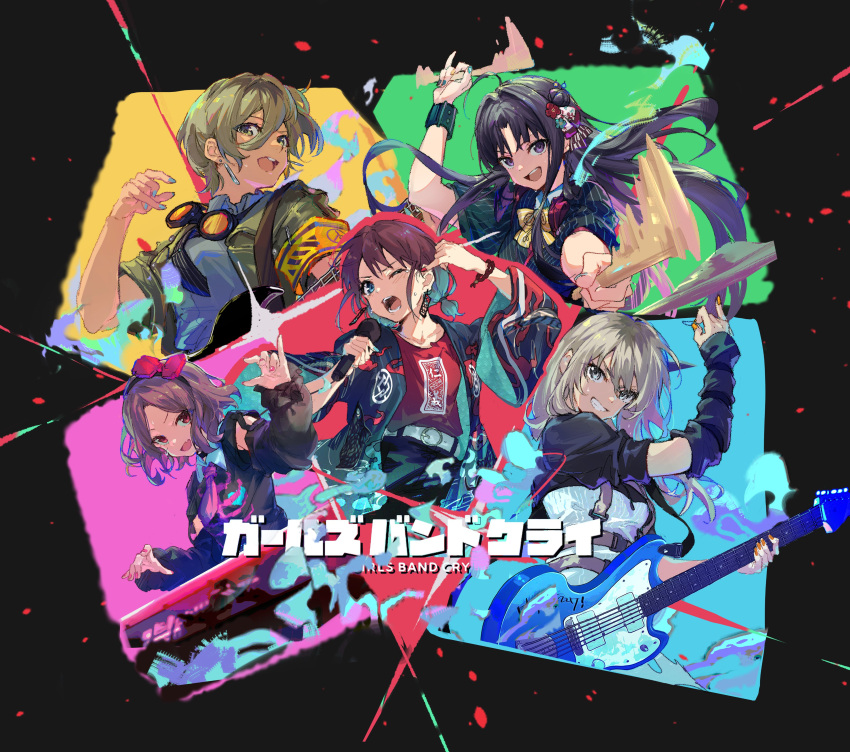5girls, absurdres, arm_up, arm_warmers, awa_subaru, bass_guitar, belt, black_arm_warmers