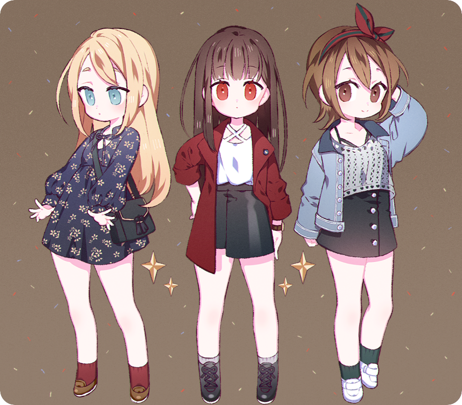 3girls, :o, alternate_costume, arm_behind_head, bag, bare_legs, black_bag, black_dress