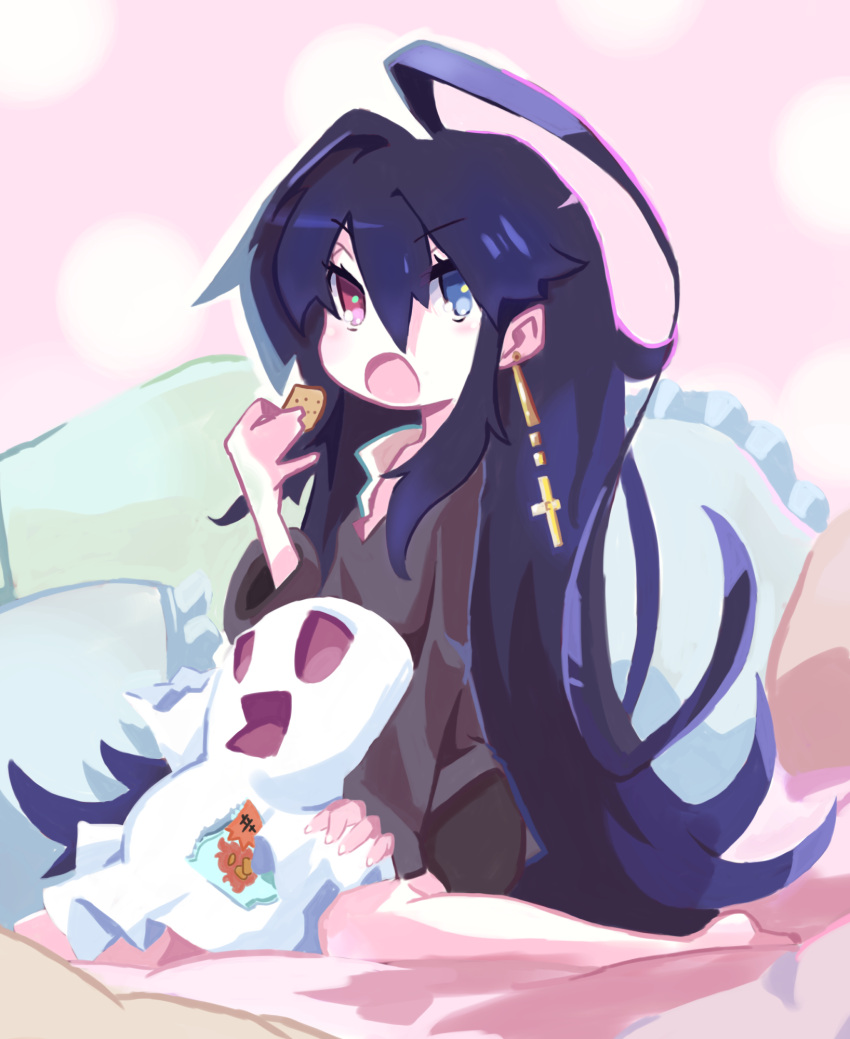1girl, ahoge, barefoot, black_dress, blue_eyes, dress, earrings, eating