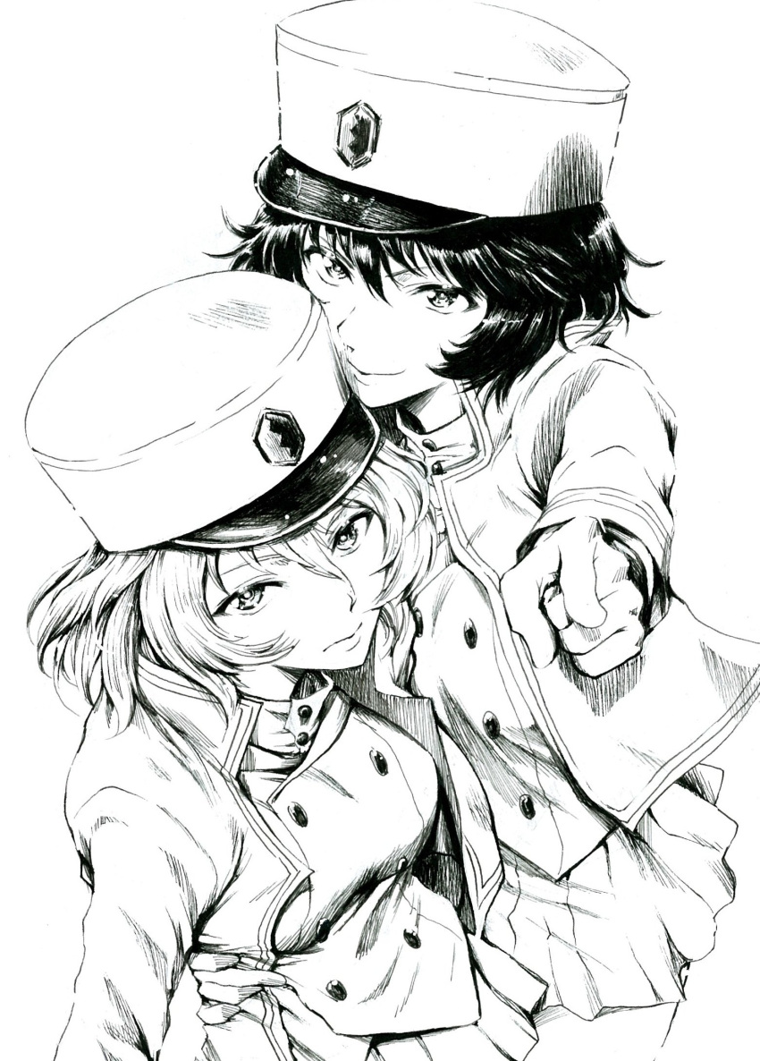 2girls, andou_(girls_und_panzer), bc_freedom_military_uniform, bc_freedom_school_uniform, black_hair, blonde_hair, blue_hat, brown_hair