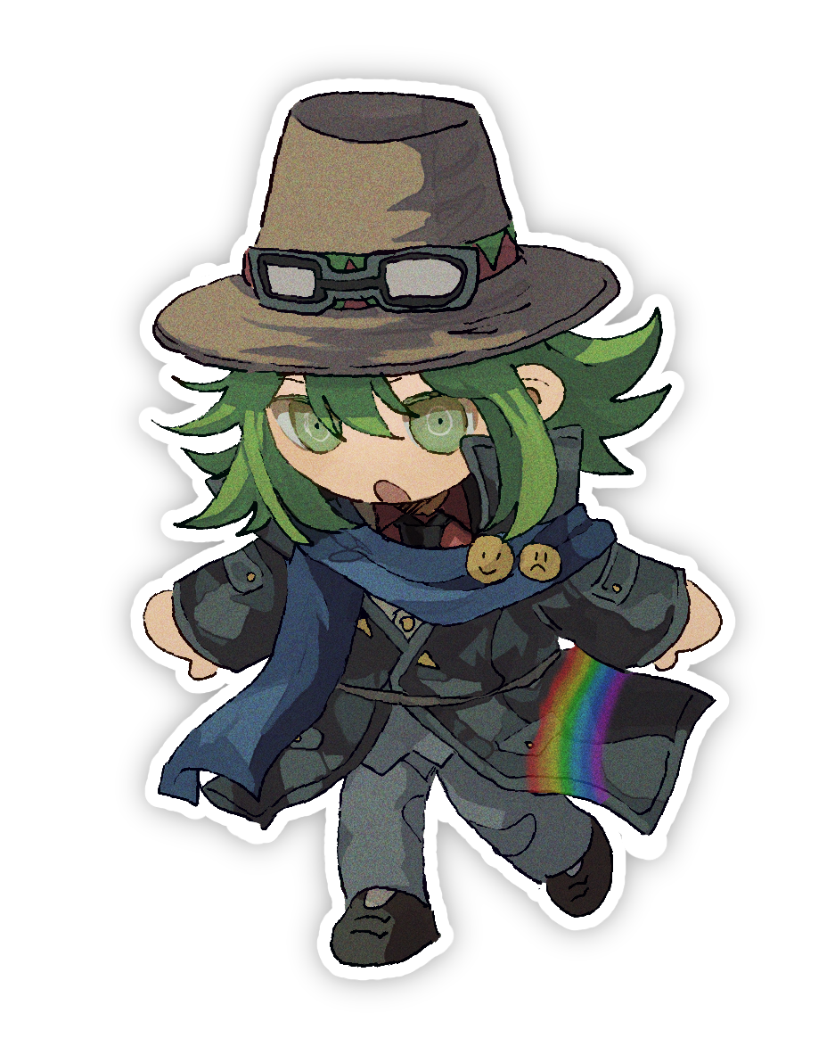1boy, :o, badge, black_coat, black_footwear, black_necktie, blue_scarf, brown_hat