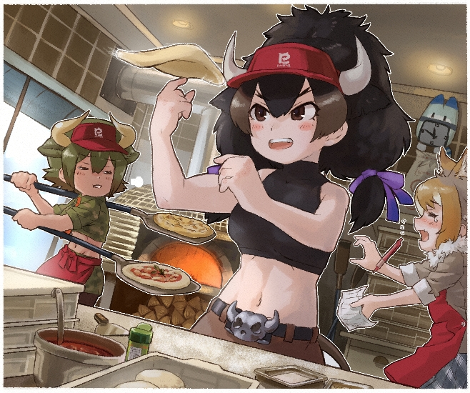 3girls, american_bison_(kemono_friends), animal_ears, apron, arms_up, aurochs_(kemono_friends), baking, bare_arms