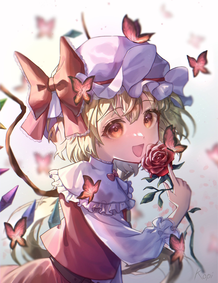 1girl, ascot, bat_wings, blonde_hair, bug, butterfly, crystal, flandre_scarlet