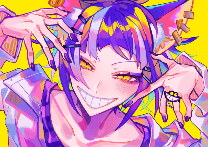 1boy, animal_ear_fluff, animal_ears, aqua_hair, arms_up, arrow_(symbol), blush, cat_ears