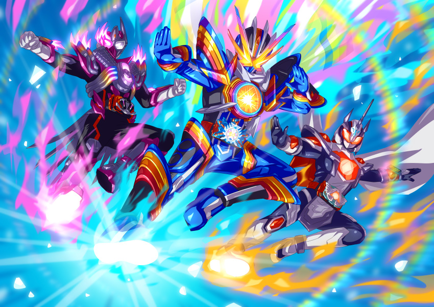 1girl, 2boys, absurdres, alchemisdriver, armor, armored_boots, ass, asymmetrical_armor