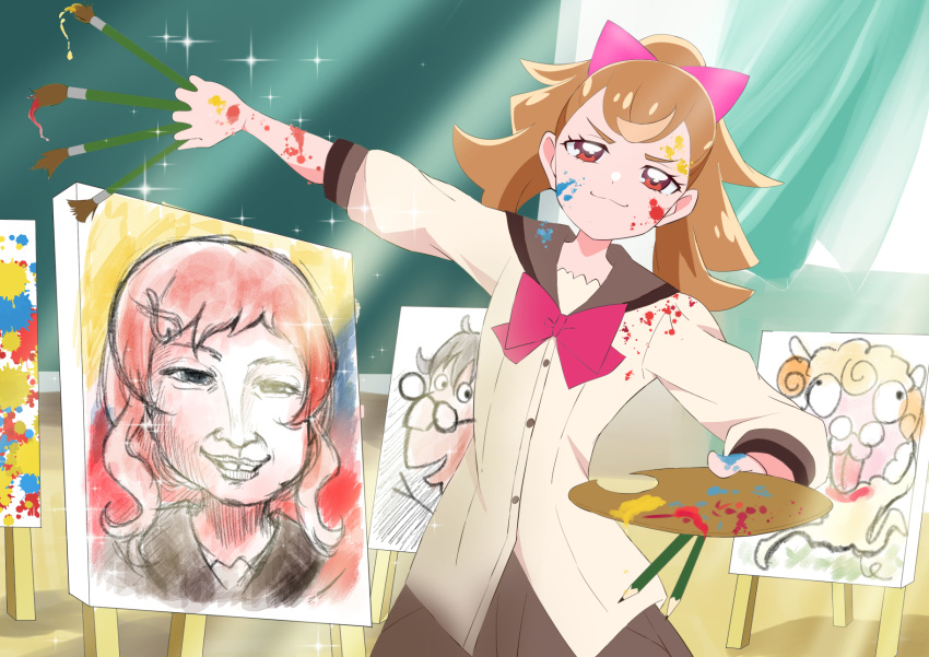 1girl, art_room, brown_hair, classroom, closed_mouth, color_guide, curtains, glasses, hair_ornament, hair_ribbon, hairpin, high_ponytail, highres, holding, holding_brush, inukai_iroha, inukai_komugi, kue4165, long_hair, long_sleeves, mey_mey, neck, orange_hair, paintbrush, painting_(medium), palette_(object), pencil, ponytail, portrait, portrait_(object), precure, red_eyes, ribbon, school_uniform, sheep, slang, smug, splashing, standing, teeth, toyama_satoru, traditional_media, upper_teeth_only, wonderful_precure!