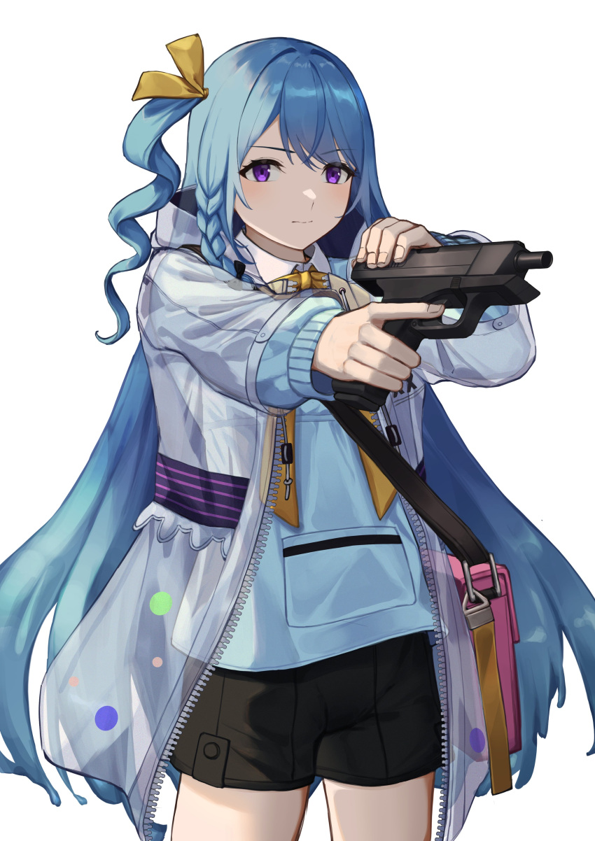 1girl, 3_small_spiders, absurdres, bag, black_shorts, blue_hair, blue_jacket, braid
