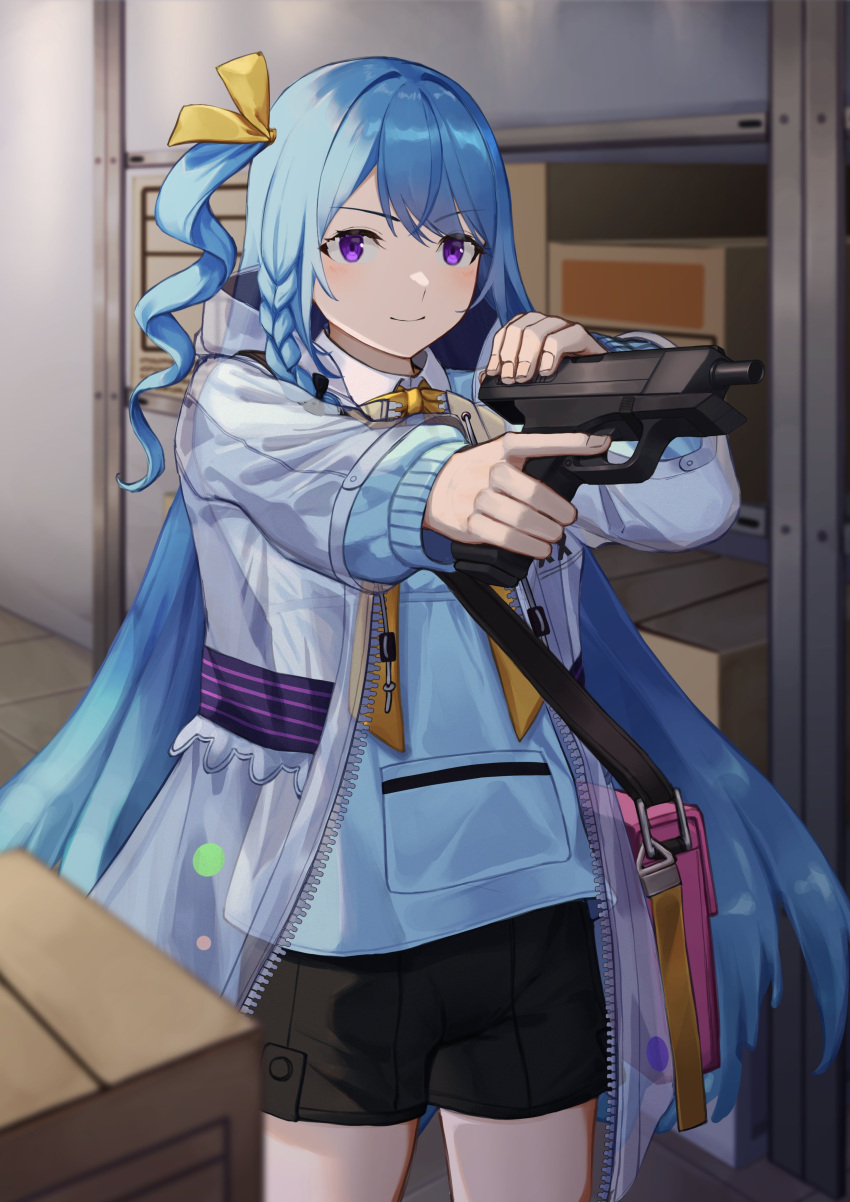 1girl, 3_small_spiders, absurdres, bag, black_shorts, blue_hair, blue_jacket, box