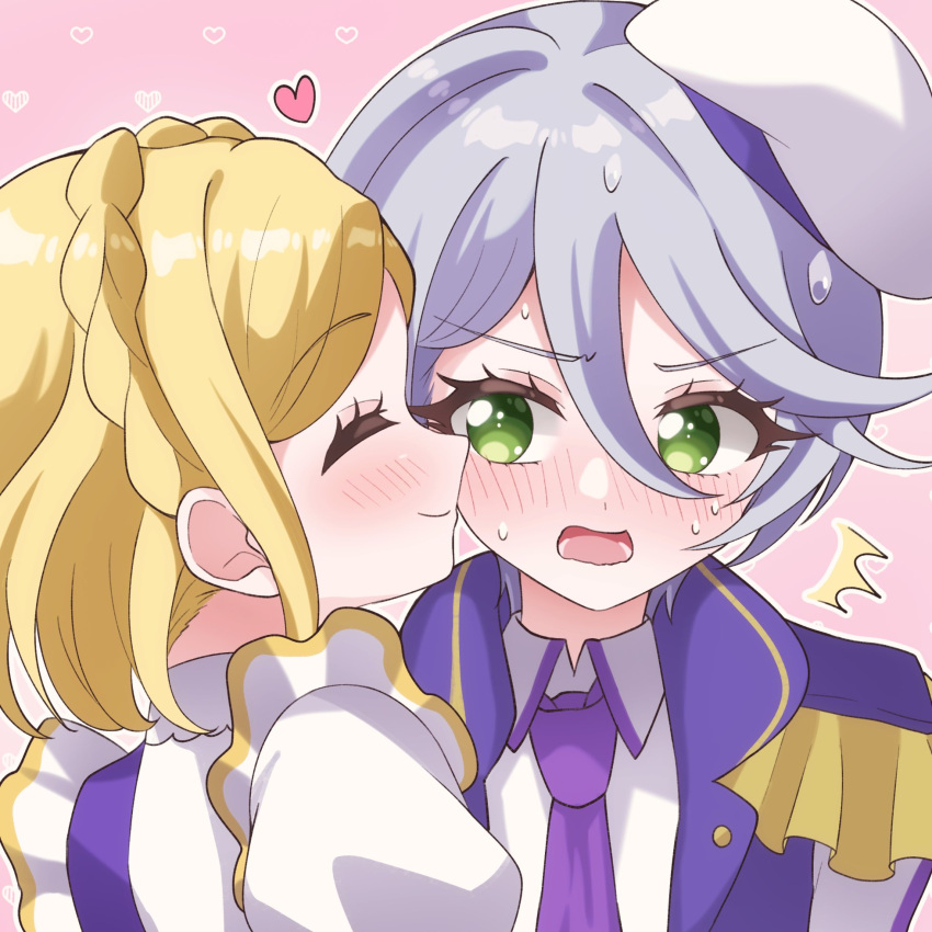 2girls, azuki_(gobi_cutter), blonde_hair, blush, braid, colored_eyelashes, couple, crown_braid, flustered, green_eyes, grey_hair, hair_between_eyes, hat, heart, highres, idol_clothes, jacket, kiss, kissing_cheek, midorikaze_fuwari, mini_hat, multiple_girls, open_mouth, pretty_series, pripara, puffy_sleeves, reverse_trap, shikyoin_hibiki, shirt, short_hair, smile, sweat, yuri
