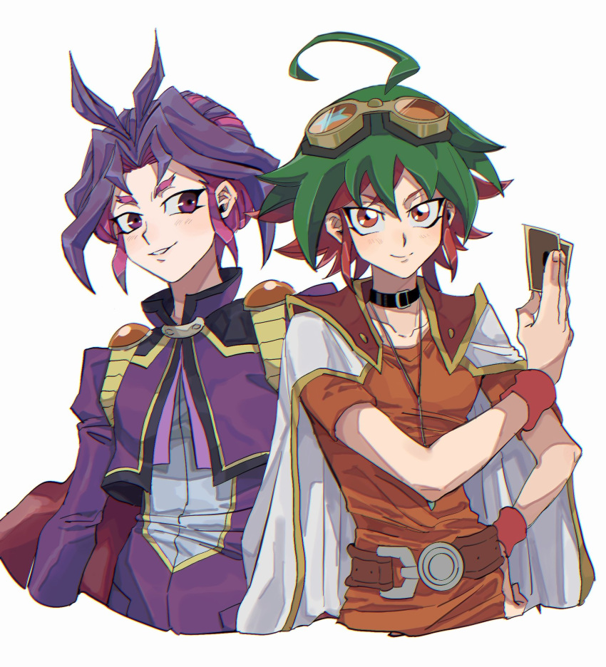 2boys, cape, card, commentary_request, cropped_jacket, green_eyes, hand_on_own_hip, highres, holding, holding_card, jacket, male_focus, medium_hair, multicolored_hair, multiple_boys, oikisama_nanda, purple_cape, purple_hair, purple_jacket, red_eyes, red_shirt, redhead, sakaki_yuya, shirt, simple_background, trading_card, two-tone_hair, upper_body, violet_eyes, white_background, yu-gi-oh!, yu-gi-oh!_arc-v, yuuri_(yu-gi-oh!)