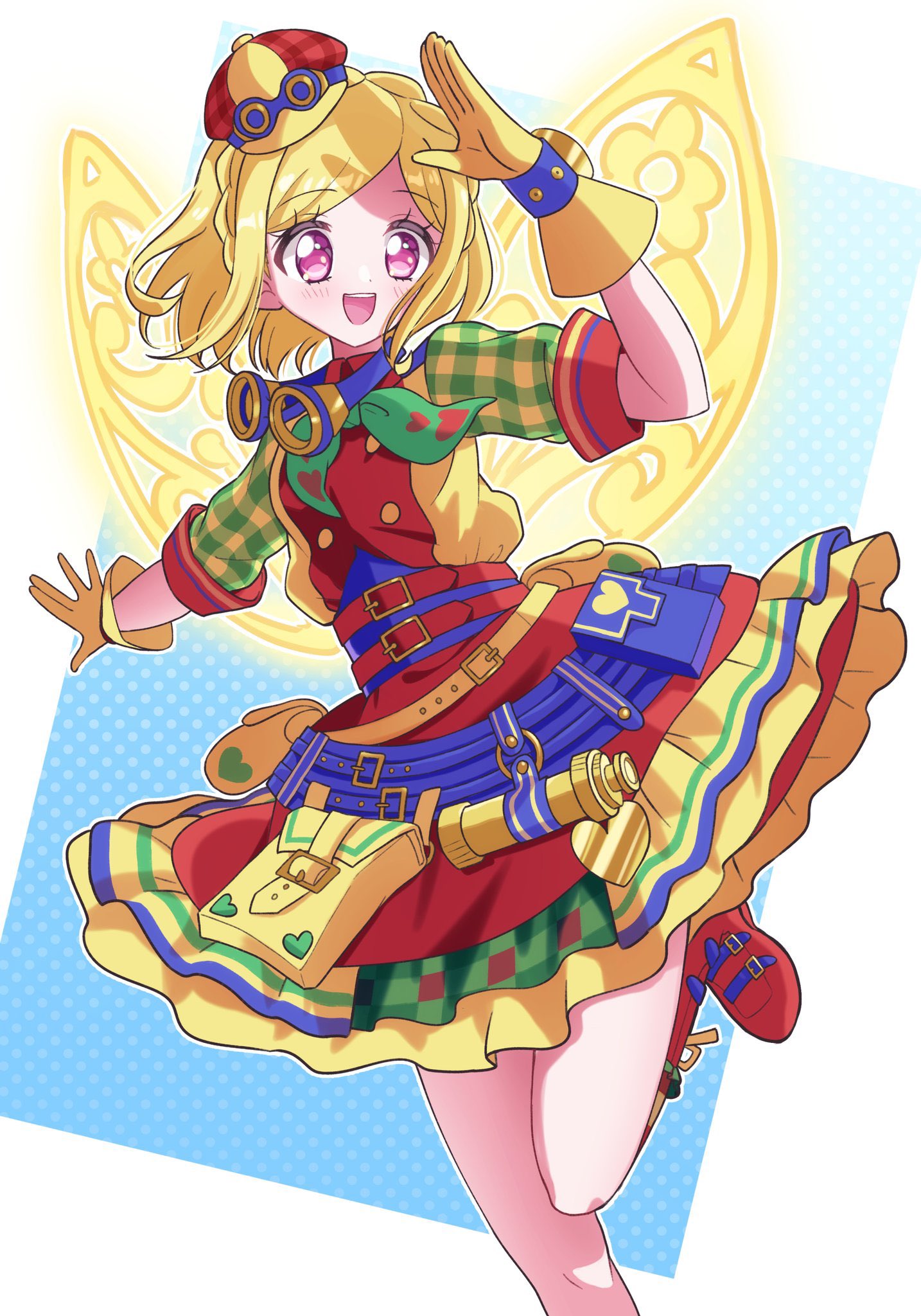 1girl, :d, azuki_(gobi_cutter), belt, blonde_hair, blush, braid, commentary_request