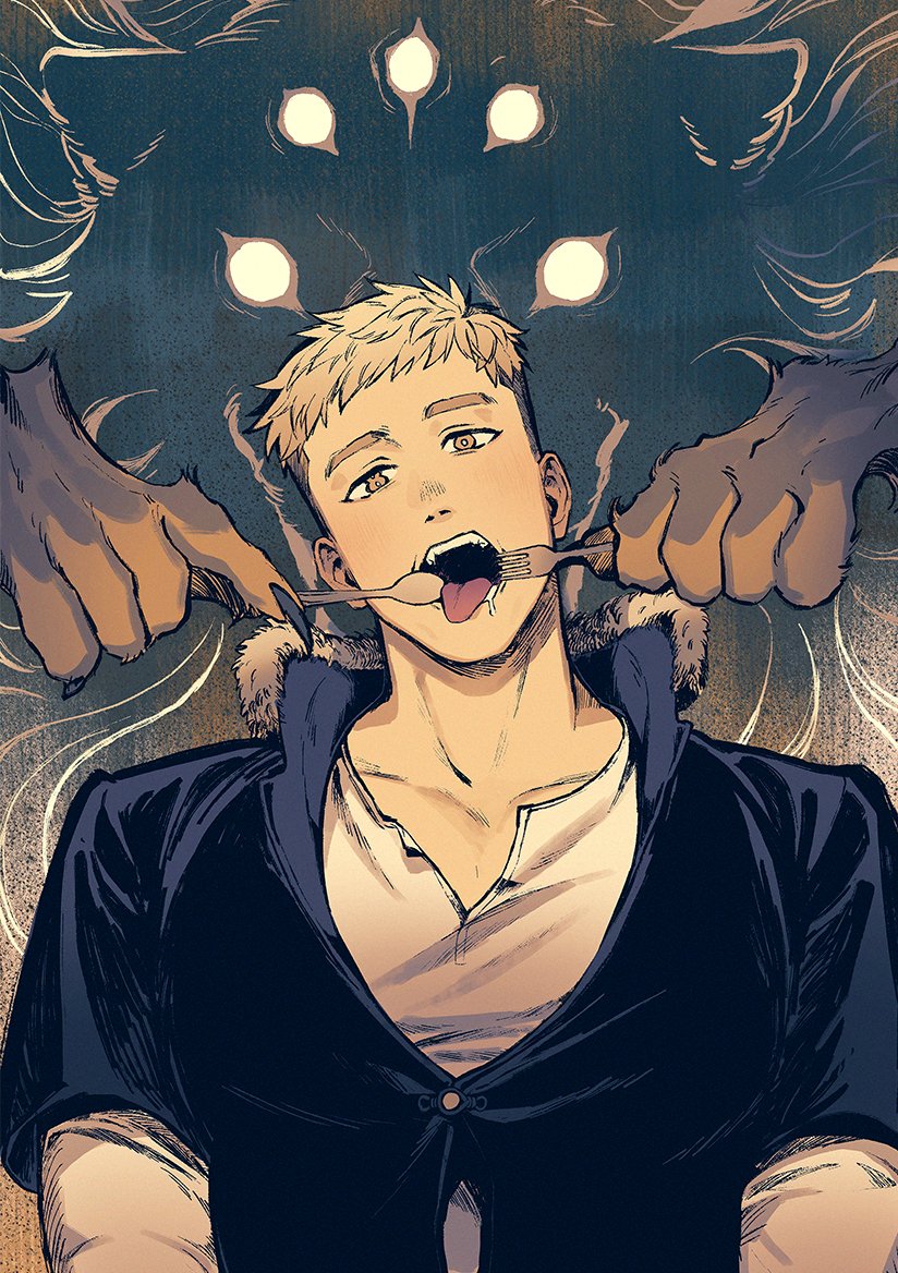 1boy, claws, commentary, drooling, dungeon_meshi, english_commentary, extra_eyes, fork, hikazio, holding, holding_fork, holding_spoon, laios_touden, light_brown_hair, looking_at_viewer, open_mouth, shirt, short_hair, spoilers, spoon, symbol-shaped_pupils, tongue, tongue_out, upper_body, white_shirt, winged_lion_(dungeon_meshi), yellow_eyes