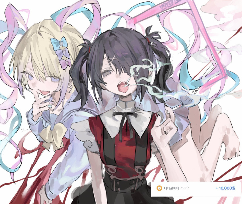 2girls, ame-chan_(needy_girl_overdose), barefoot, black_hair, blonde_hair, blowing_smoke, blue_eyes, blue_hair, bow, chouzetsusaikawa_tenshi-chan, cigarette, collared_shirt, hair_bow, hair_ornament, hair_over_one_eye, highres, holding, holding_cigarette, long_hair, long_sleeves, looking_at_viewer, multicolored_hair, multiple_girls, needy_girl_overdose, open_mouth, pink_bow, pink_hair, qqkkay, quad_tails, red_shirt, sailor_collar, school_uniform, serafuku, shirt, short_sleeves, skirt, smile, smoke, smoke_trail, smoking, suspender_skirt, suspenders, twintails, x_hair_ornament