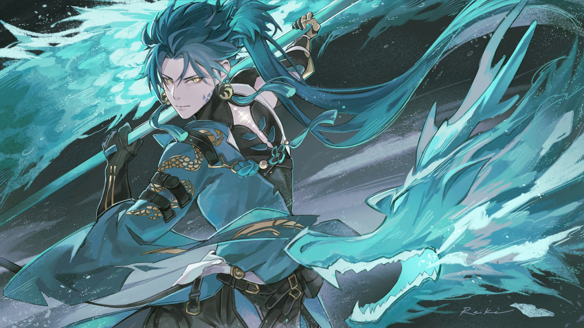 1boy, absurdres, belt, black_gloves, black_hair, black_shirt, closed_mouth, dragon