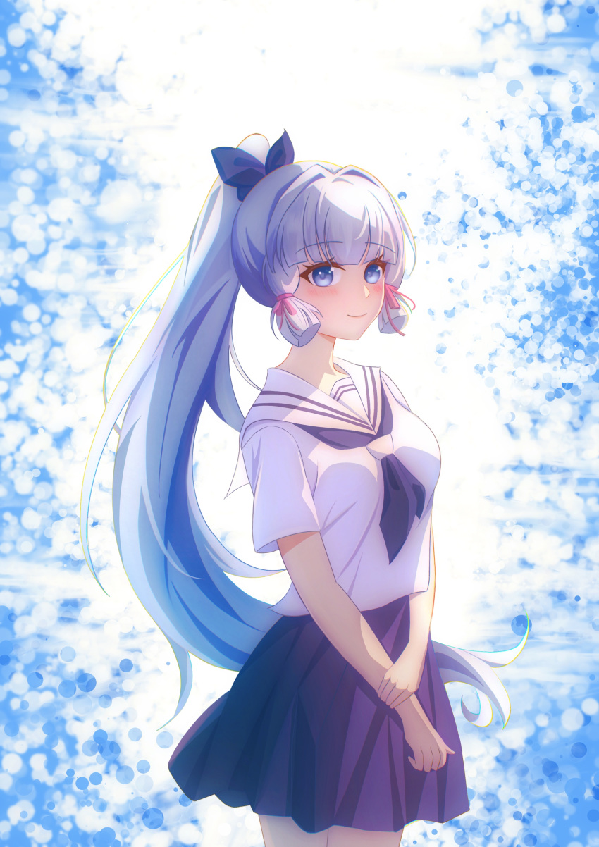 1girl, absurdres, blue_bow, blue_eyes, blue_hair, blue_necktie, blush, bow