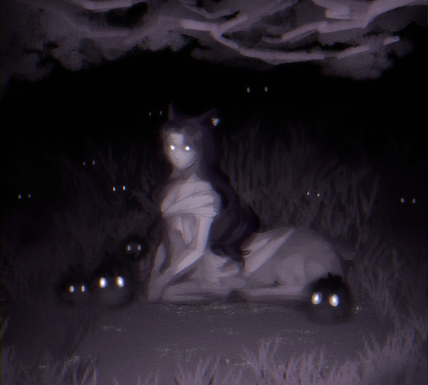 1girl, animal_ears, carbuncle_(reverse:1999), centauroid, christophr_grs, closed_mouth, creature, deer_ears, deer_girl, english_commentary, full_body, glowing, glowing_eyes, highres, hooves, jessica_(reverse:1999), long_hair, looking_at_viewer, monochrome, monster_girl, night_vision, outdoors, reverse:1999, sitting, solo, spotlight, taur, white_eyes