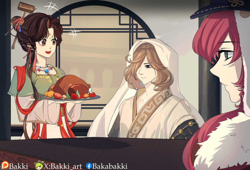 +++, 1boy, 2girls, architecture, artist_name, bakki, black_eyes, brown_background