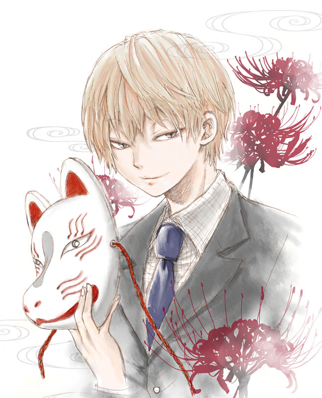 bad_id, blonde_hair, flower, formal, fox_mask, holding, kiben_gakuha_yotsuya-senpai_no_kaidan, kudou_tadanobu