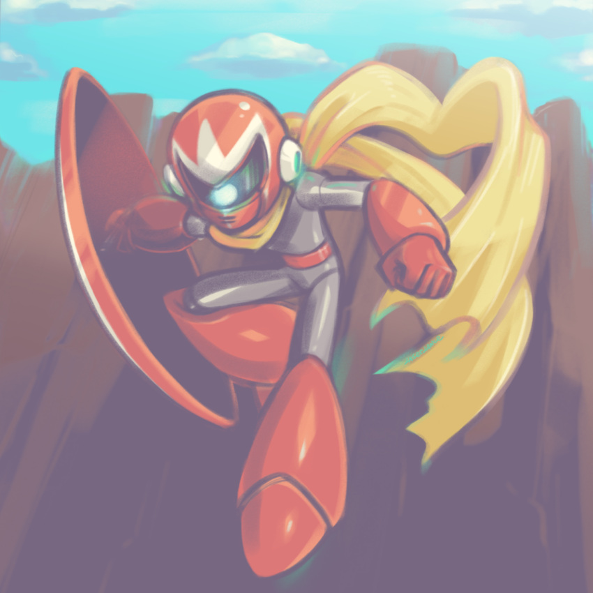 1boy, android, bodysuit, break_man, falling, full_body, grey_bodysuit, helmet, highres, holding, holding_shield, laser-lance, light, male_focus, mega_man_(classic), mega_man_(series), mega_man_3, midair, one-eyed, red_helmet, scarf, shield, solo, yellow_scarf