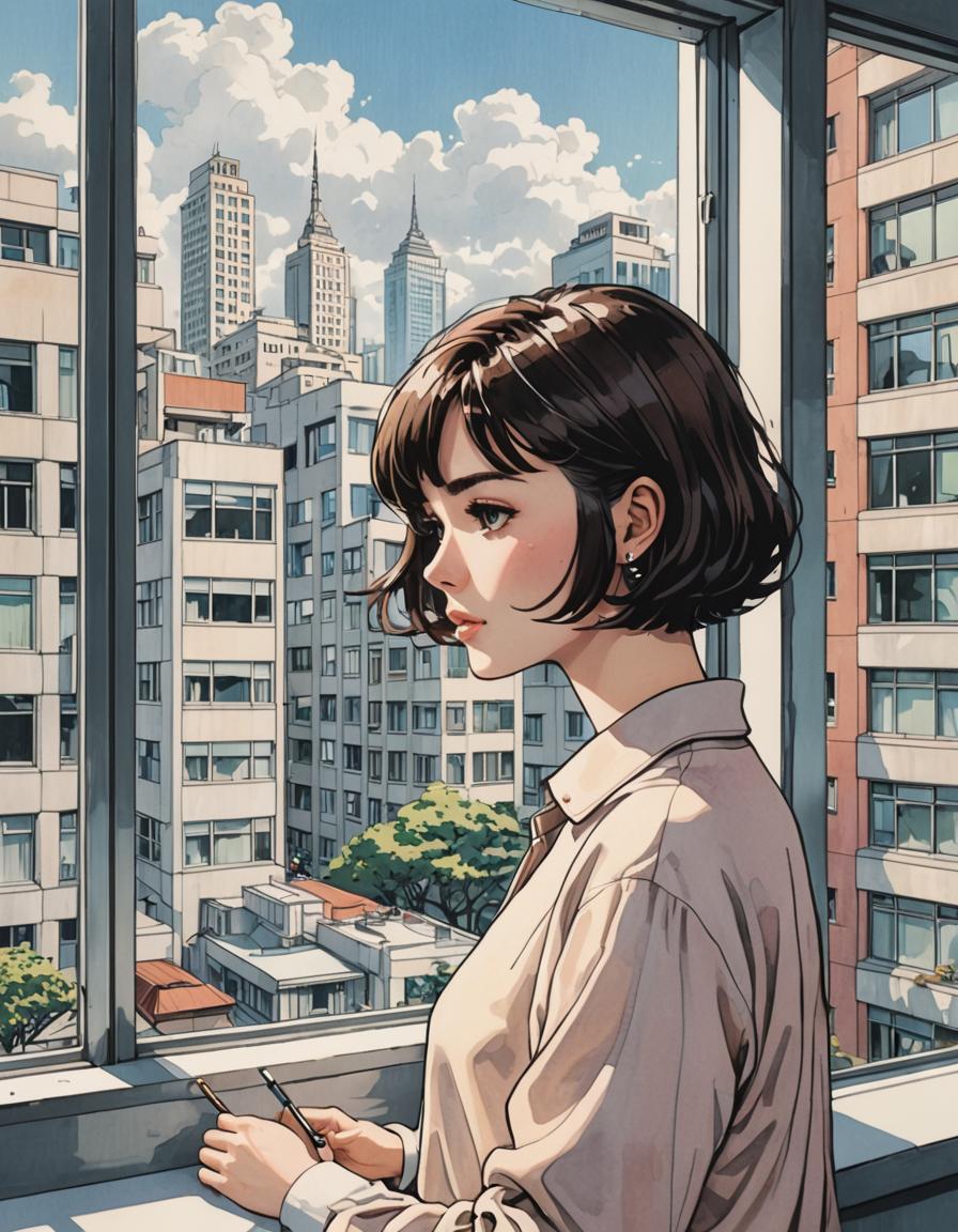 1girl, ai-generated, buildings, scape, short_hair, towers, window