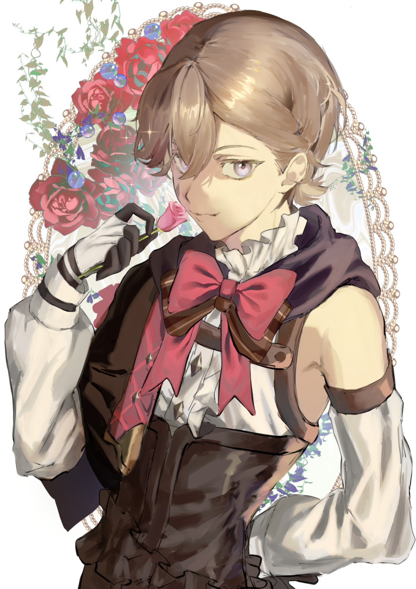 1boy, arm_behind_back, armpits, bishounen, black_gloves, bow, bowtie, cowboy_shot, detached_sleeves, flower, genshin_impact, gloves, grey_hair, highres, looking_at_viewer, lyney_(genshin_impact), male_focus, red_bow, red_bowtie, red_ribbon, ria_0261, ribbon, rose, short_hair, solo, violet_eyes
