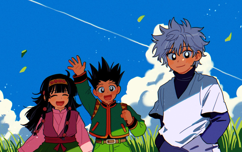 2hyu_00, 3boys, alluka_zoldyck, arm_up, black_hair, blue_sky, blush, closed_eyes, clouds, day, gon_freecss, grass, green_jacket, grey_hair, hands_in_pockets, headband, highres, hunter_x_hunter, jacket, japanese_clothes, killua_zoldyck, leaf, long_hair, long_sleeves, looking_at_viewer, male_focus, multi-tied_hair, multiple_boys, open_mouth, otoko_no_ko, outdoors, shorts, sky, spiky_hair