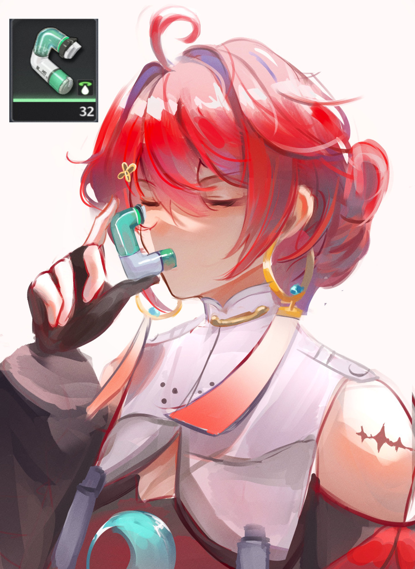 1girl, absurdres, ahoge, bare_shoulders, black_gloves, closed_eyes, danjin_(wuthering_waves), earrings, fingerless_gloves, gameplay_mechanics, gloves, highres, hoop_earrings, inhaler, jade_(gemstone), jewelry, redhead, screenshot_inset, tacet_mark_(wuthering_waves), upper_body, wuthering_waves, yuhel