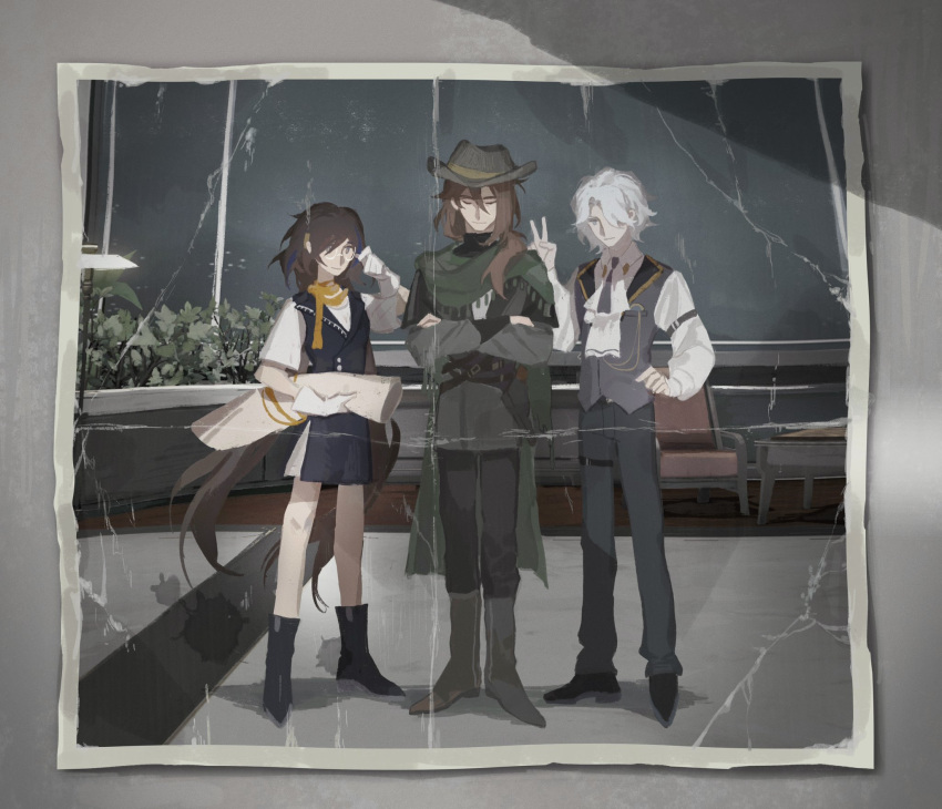 1girl, 2boys, boots, brown_hair, closed_eyes, full_body, hair_over_one_eye, hat, highres, honkai:_star_rail, honkai_(series), mikhail_(honkai:_star_rail), multiple_boys, photo_(object), razalina_(honkai:_star_rail), scarf, shoes, short_hair, tiernan_(honkai:_star_rail), v, yuqi555