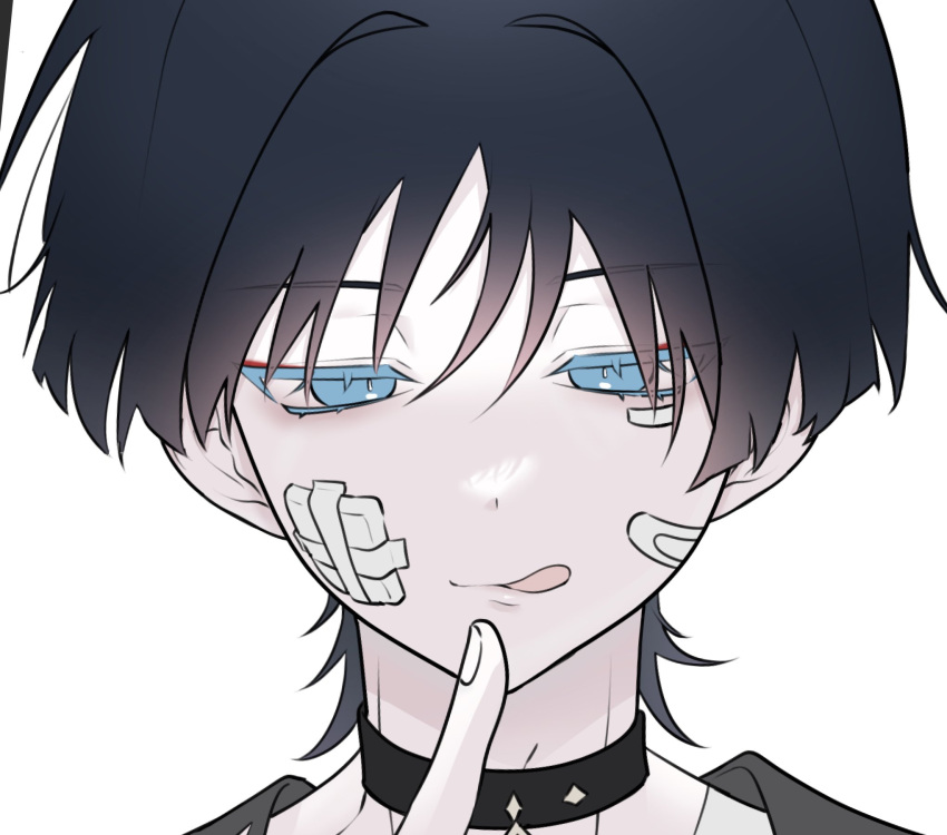 1boy, bandaid, bandaid_on_face, black_choker, black_hair, blue_eyes, cchyo_61, choker