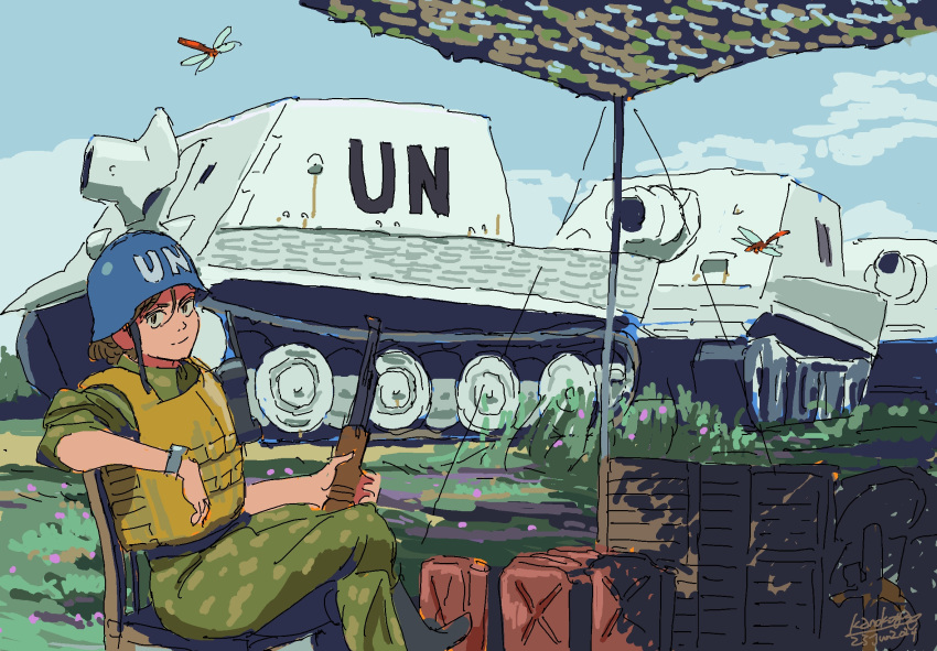1girl, blue_helmet, blue_sky, bug, bulletproof_vest, chair, dragonfly, grass