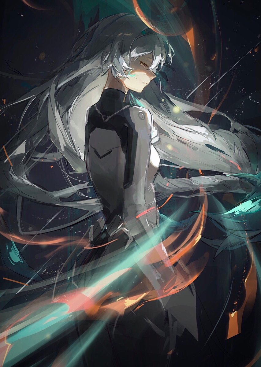 1girl, arm_at_side, black_bow, black_hairband, bow, ch_20230721, commentary_request, cowboy_shot, cracked_skin, fire, firefly_(ar-26710)_(honkai:_star_rail), firefly_(honkai:_star_rail), from_behind, hair_between_eyes, hair_bow, hairband, half-closed_eyes, hand_on_own_chest, highres, honkai:_star_rail, honkai_(series), long_hair, looking_down, official_alternate_costume, parted_lips, pilot_suit, profile, sidelocks, solo, suit, very_long_hair, white_hair, white_suit