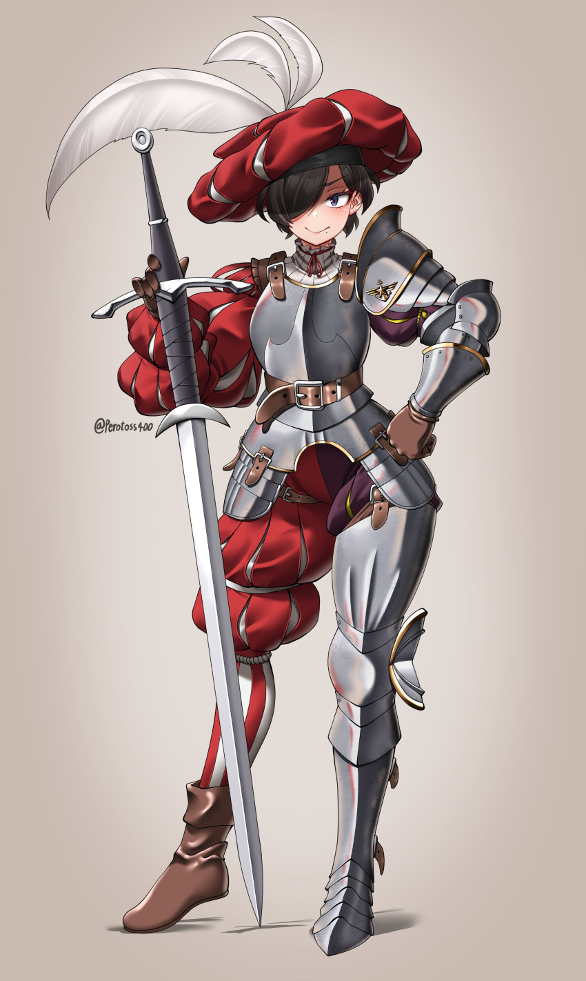 1girl, absurdres, armor, asymmetrical_armor, belt, boots, breastplate, brown_footwear, brown_gloves, brown_hair, closed_mouth, commentary, cuisses, faulds, full_body, gloves, greaves, hair_over_one_eye, hat_feather, highres, hitch_(perotoss), holding, holding_sword, holding_weapon, landsknecht, long_sleeves, medium_hair, mole, mole_under_mouth, original, poleyn, puffy_long_sleeves, puffy_pants, puffy_sleeves, rerebrace, rondel, sabaton, smile, solo, sword, twitter_username, vambraces, violet_eyes, weapon, zweihander