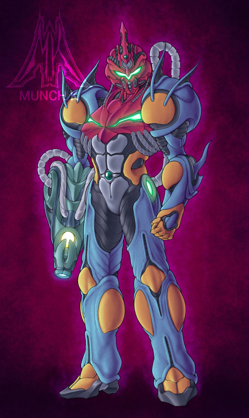 1girl, absurdres, arm_cannon, armor, artist_logo, artist_name, biomechanical, blue_armor