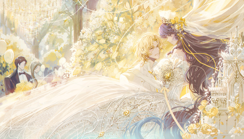 1boy, 1girl, absurdres, aqua_eyes, arch, balloon, beads, blonde_hair