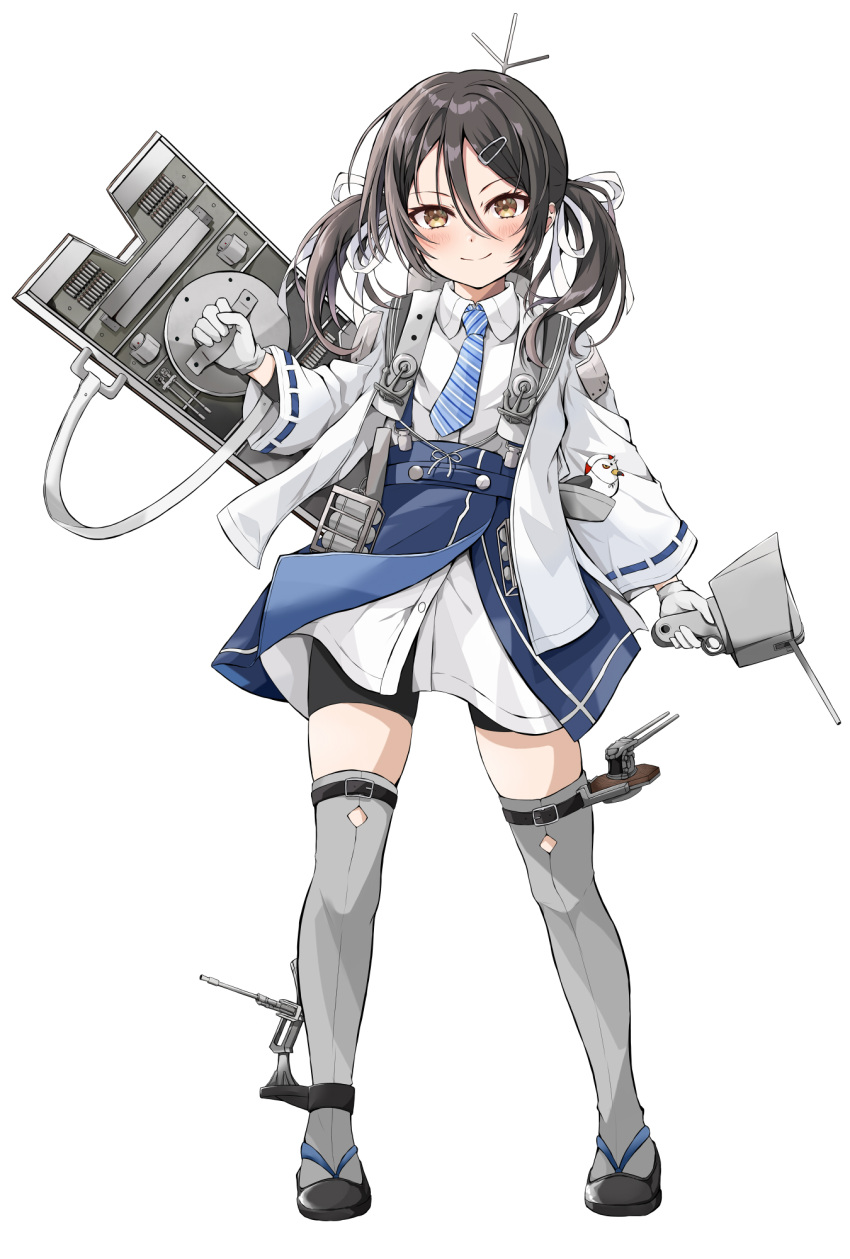 1girl, bike_shorts, black_hair, black_shorts, blue_necktie, blush, brown_eyes, closed_mouth, collared_shirt, dairyo3, full_body, gloves, grey_thighhighs, highres, inagi_(kancolle), inagi_kai_ni_(kancolle), kantai_collection, long_hair, long_sleeves, looking_at_viewer, necktie, open_clothes, ribbon-trimmed_sleeves, ribbon_trim, shirt, shorts, simple_background, smile, solo, thigh-highs, twintails, white_background, white_gloves, white_shirt