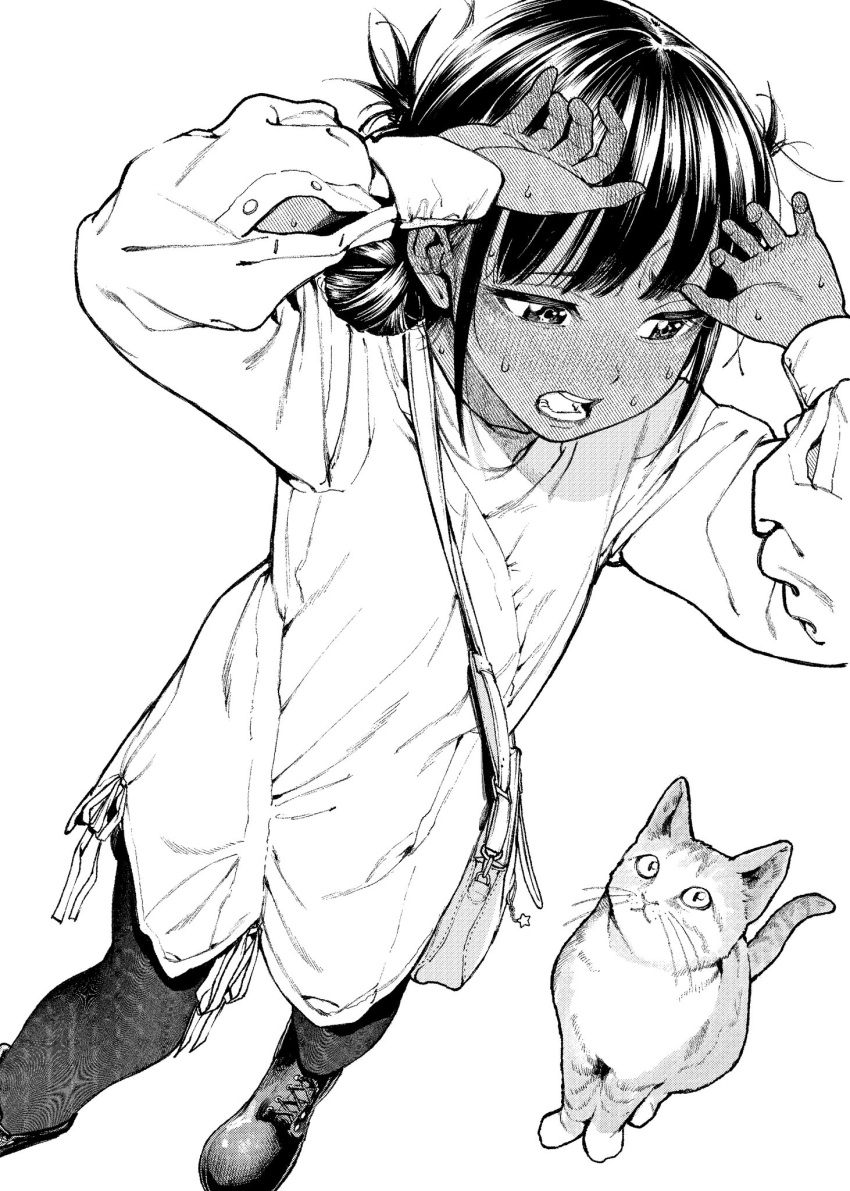 1girl, arms_up, bag, cat, commentary, cross-laced_footwear, dark-skinned_female, dark_skin, dutch_angle, from_above, greyscale, highres, monochrome, morimoto_atsushi, open_mouth, original, pantyhose, shirt, shoulder_bag, simple_background, solo, sweat