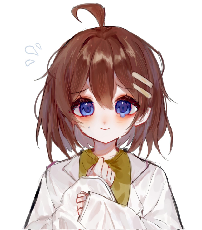 1girl, ahoge, blue_eyes, brown_hair, coat, green_shirt, hair_ornament, hairclip