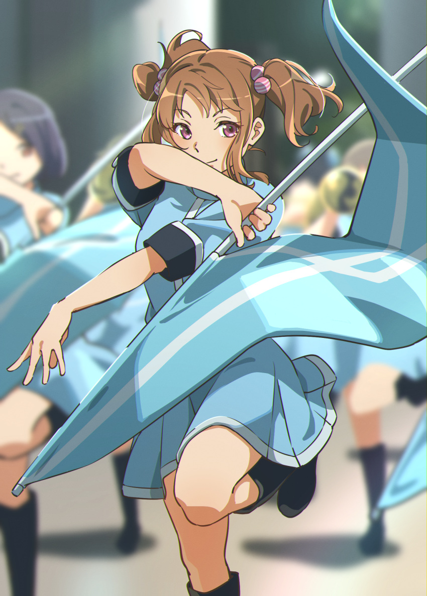 5girls, band_uniform, black_hair, blurry, blurry_background, brown_hair, flag, fuyuhino