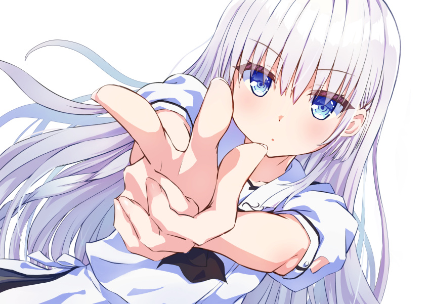 1girl, ascot, black_ascot, blue_eyes, blush, commentary_request, dutch_angle, expressionless