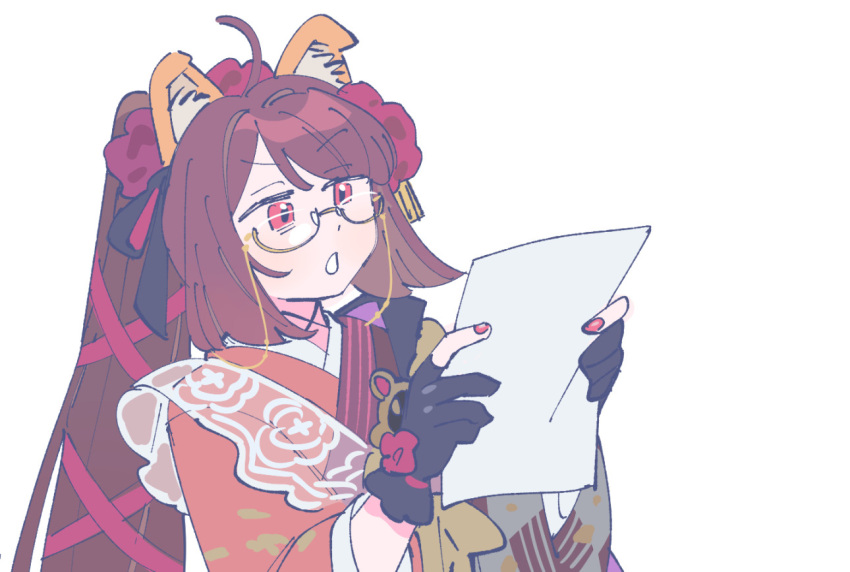 1girl, animal_ears, brown_hair, checkered_clothes, checkered_kimono, dog_ears, fate/grand_order, fate_(series), glasses, gloves, grey_kimono, high_ponytail, holding, holding_paper, japanese_clothes, kimono, kyokutei_bakin_(fate), kyokutei_bakin_(second_ascension)_(fate), lace, multicolored_clothes, multicolored_kimono, nail_polish, oneroom-disco, paper, partially_fingerless_gloves, reading, red_eyes, simple_background, solo, white_background