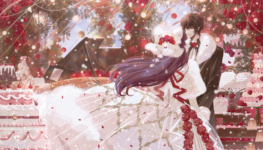 1boy, 1girl, absurdres, arch, ayn_alwyn, black_hair, black_jacket, black_pants