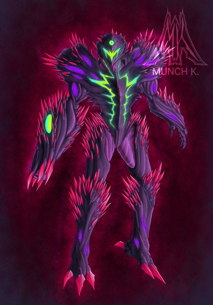 1girl, absurdres, arm_cannon, armor, artist_logo, artist_name, carapace, claws