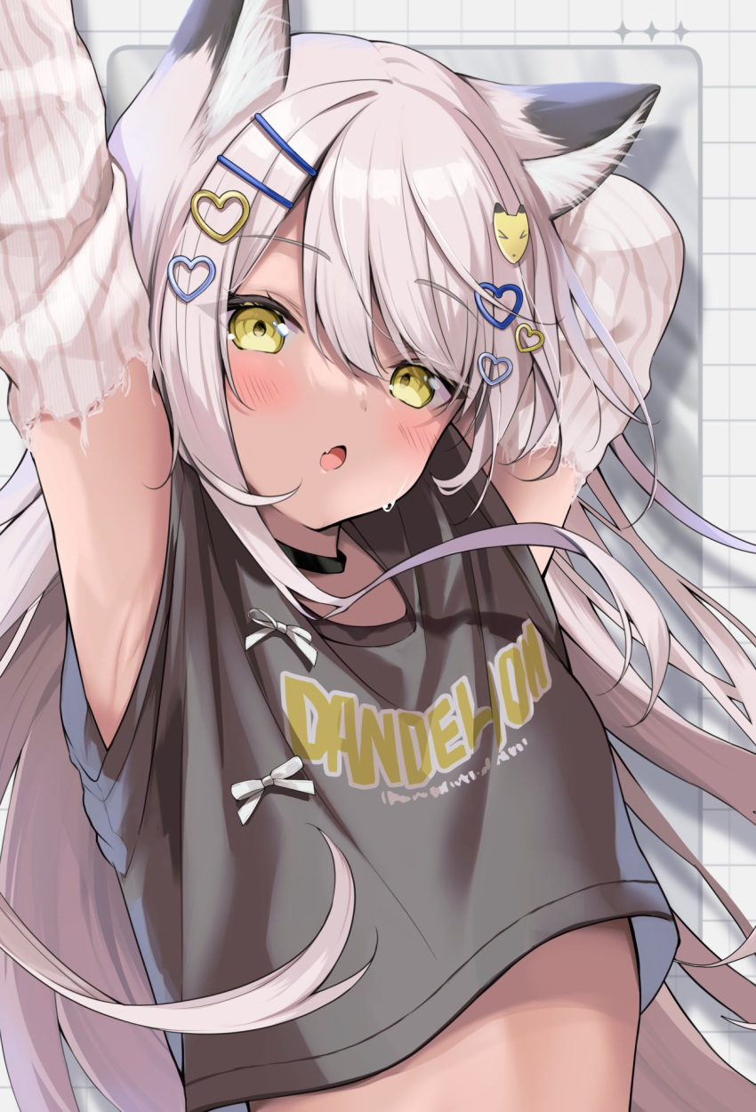 1girl, animal_ears, arm_behind_head, arm_warmers, arms_up, black_shirt, cropped_shirt, dark-skinned_female