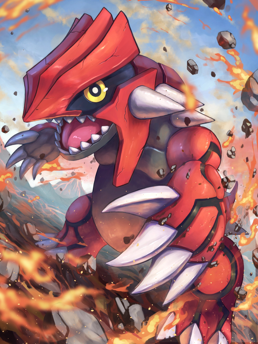 absurdres, claws, colored_skin, debris, fire, full_body, groudon, highres